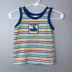 Vintage rainbow Striped Toddler Tank Top with Car Patch - Blue Trim 24 months